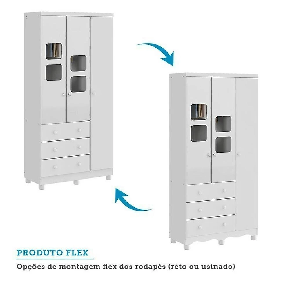 Quarto de Bebê com Guarda Roupa 3 Portas com Janelas e Berço Americano Nina 100% Mdf Espresso Móveis Branco Brilho
