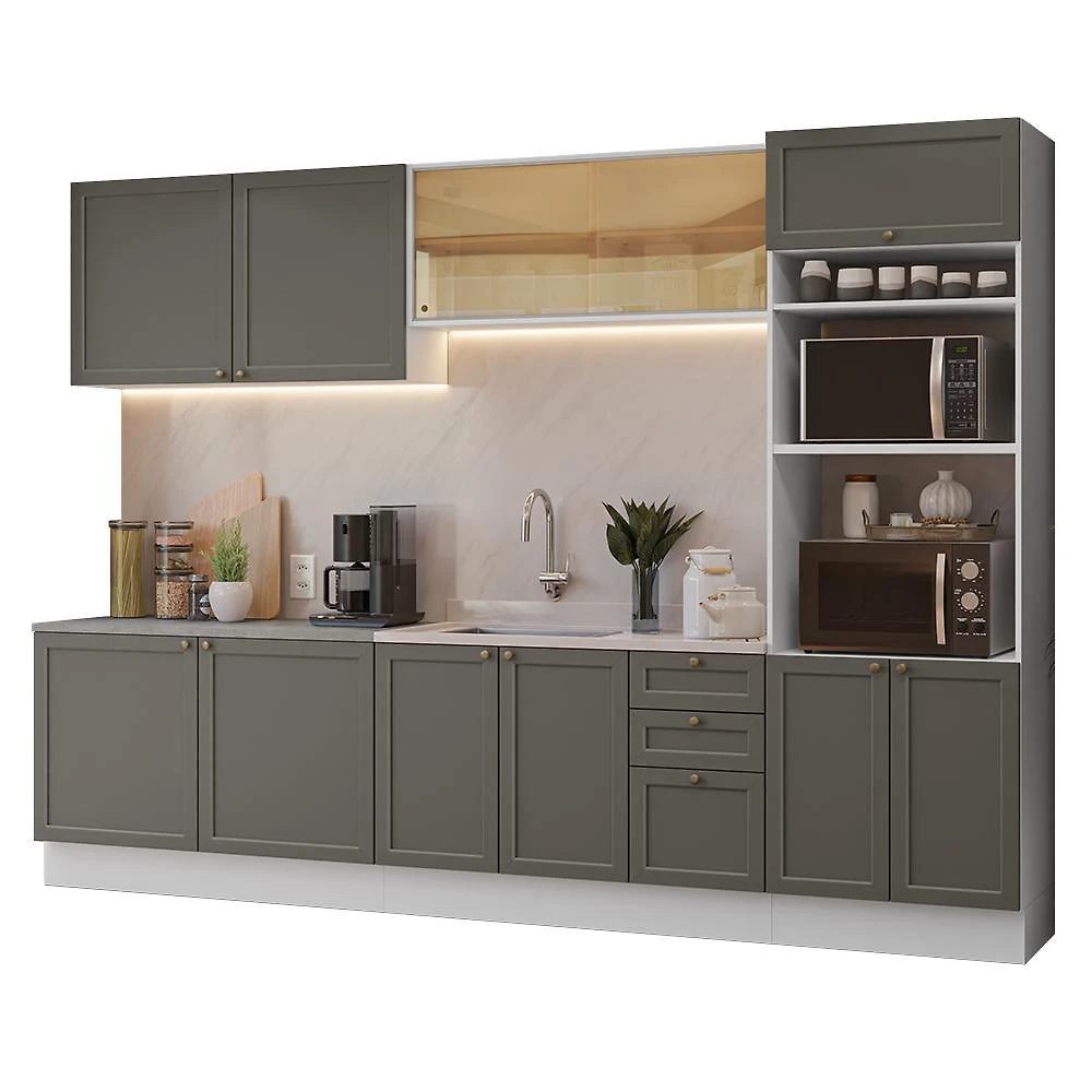 Armário de cozinha completa 310 cm branco/cinza vik madesa 01