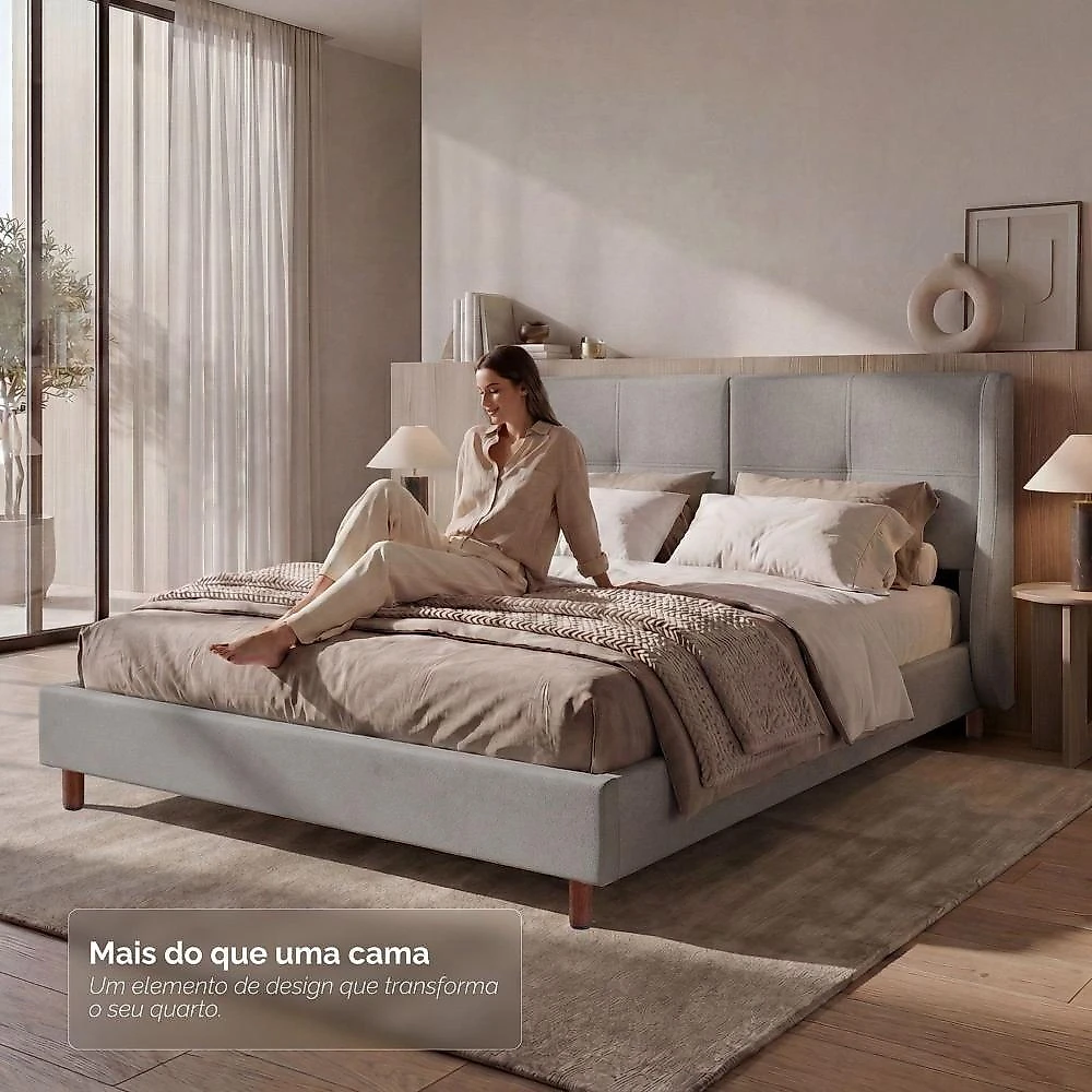 Cama Estofada Queen com Estrutura Reforçada e Design Moderno Aura Cinza