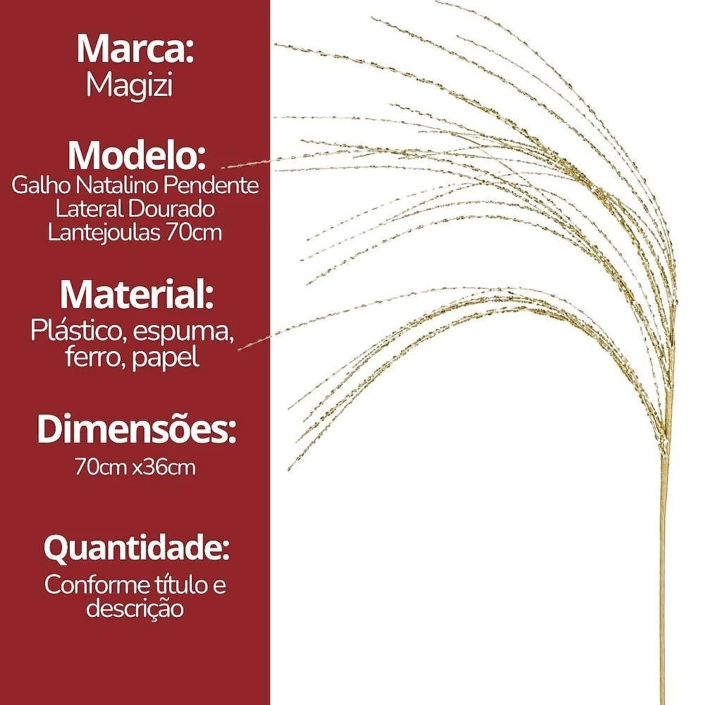 Enfeite Natalino Galho Pendente com Lantejoulas Efeito Luminoso Dourado Yangzi 70CM