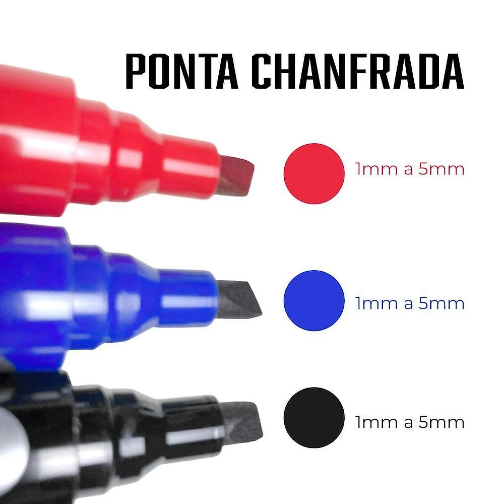 Marcador Permanente Kit com 3 Cores Preto Azul Vermelho com Secagem Rápida e Ponta Chanfrada 1MM