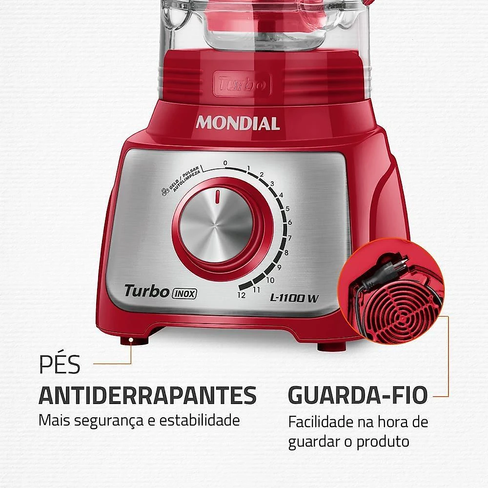 Liquidificador mondial turbo l-1100 3l 1100w 12 velocidades vermelho/inox 220