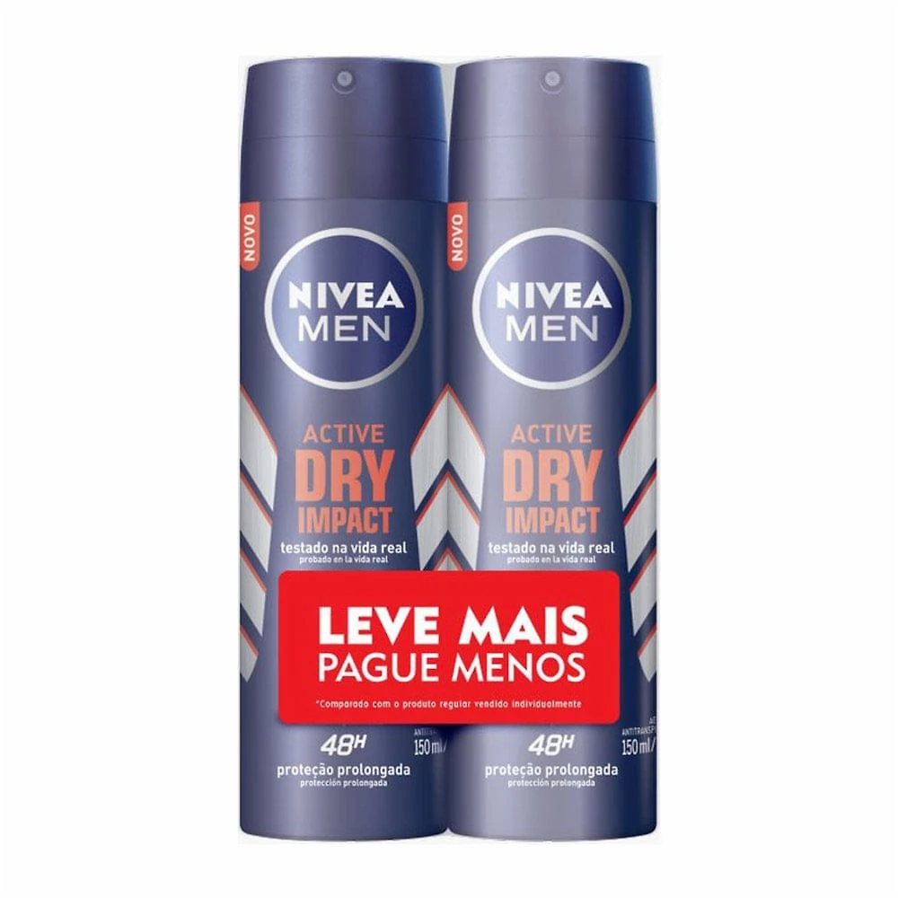 Kit Desodorante Aerosol Nivea Men Active Dry Impact Leve Mais Pague Menos 2 Unidades 150ml Cada