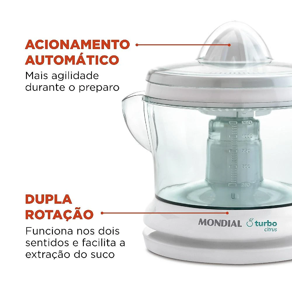 Espremedor 1,25L Mondial Turbo Citrus E-01 com Dupla Rotação e Acionamento Automático Branco 220V Branco - 220V