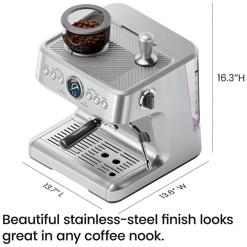Máquina de Espresso Chefman Crema Supreme Aço Inox Moedor Cônico 30 Ajustes Reservatório 3L 1450W 120V