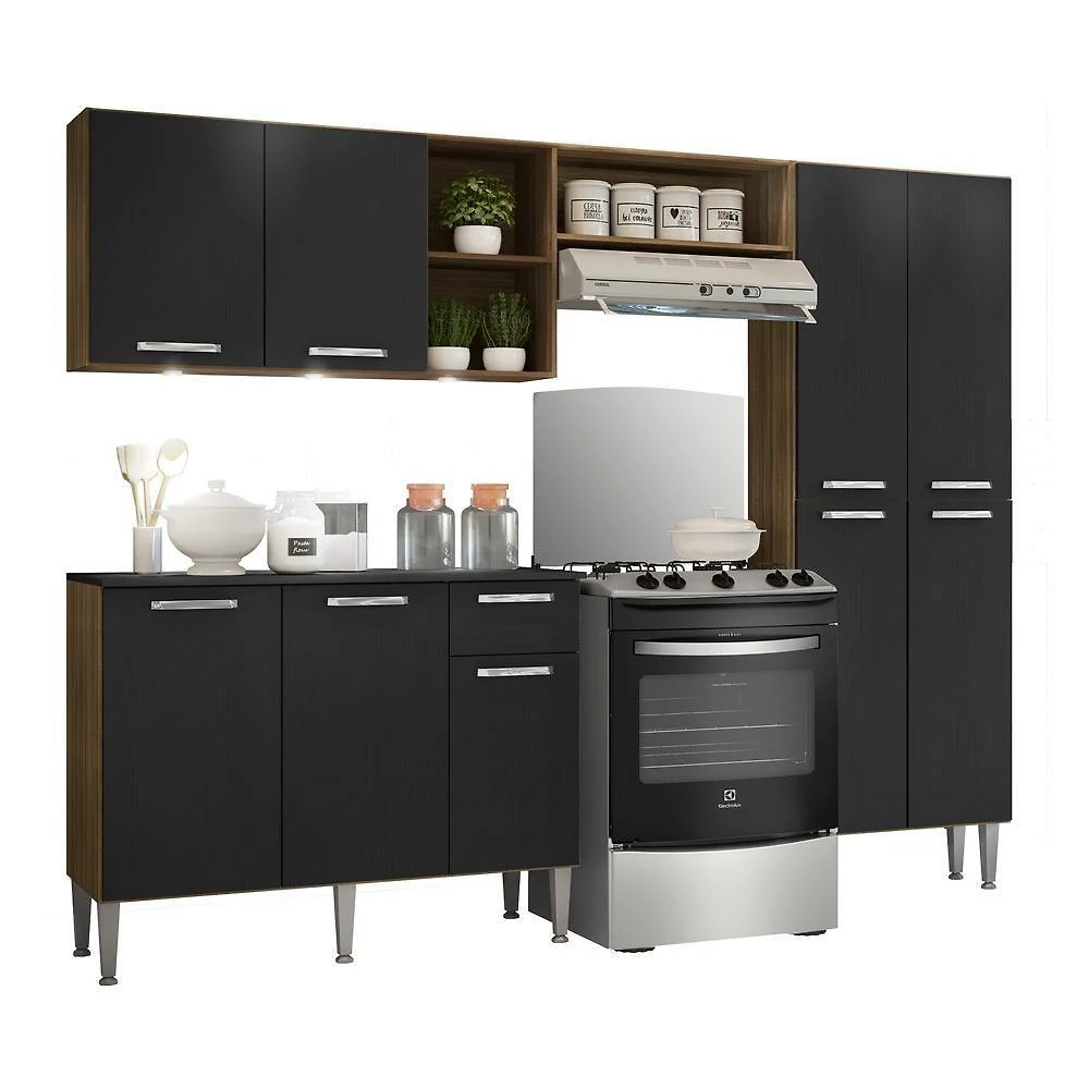 Cozinha Compacta C/ 3 Leds 3 Pçs Pequim Multimóveis V3413 Nogueira/Preta Nogueira/Preto