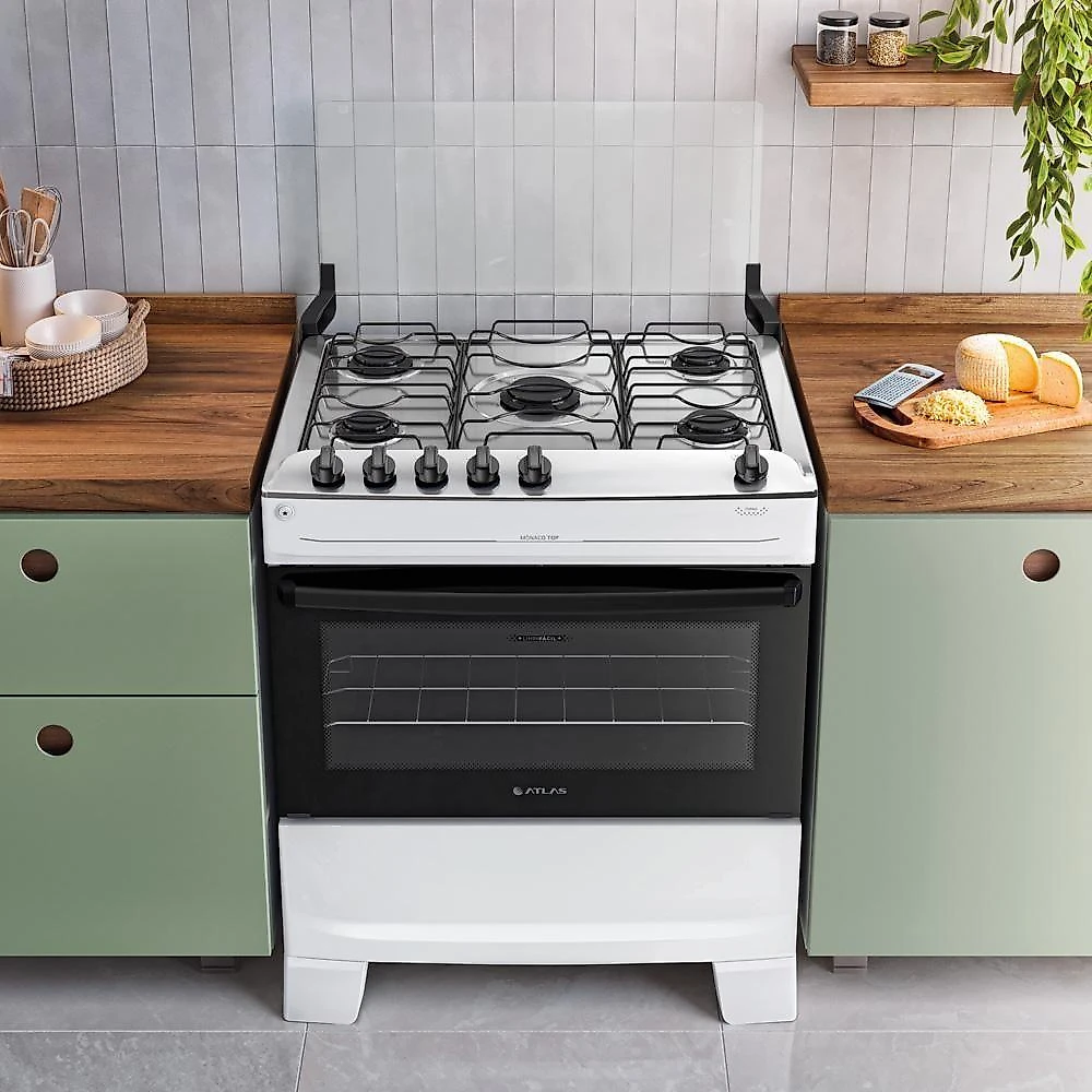 Fogão 5 Bocas Atlas Mônaco Top Com Mesa De Inox Gás Bivolt Branco