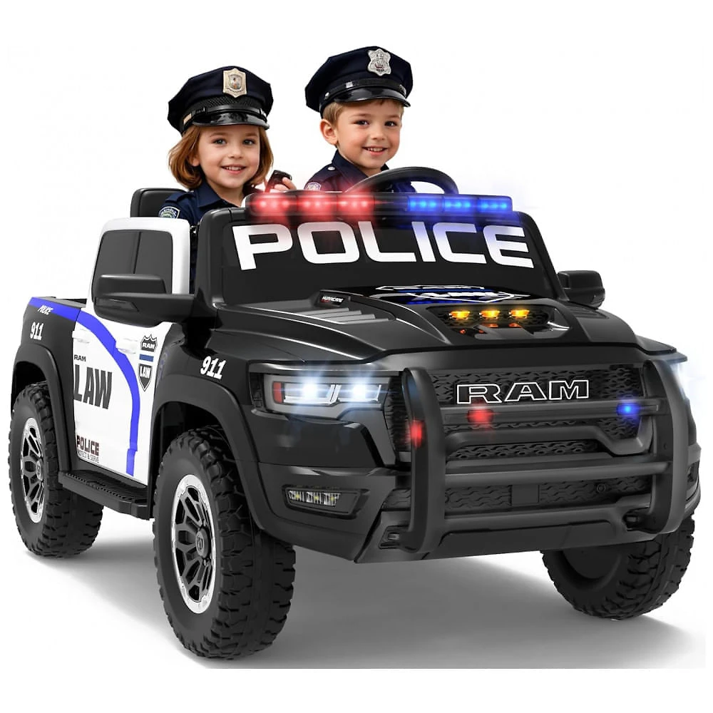 Carro Elétrico Infantil Polícia RAM 1500 24V Preto 2 Lugares com Controle Remoto, Sirene, Luzes Piscantes e Baú