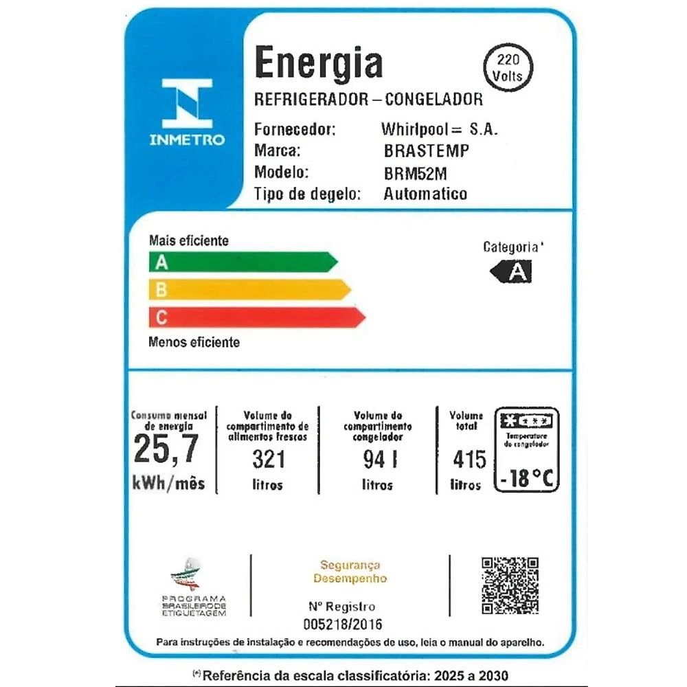 Geladeira Brastemp Frost Free Duplex BRM52MK, 415 Litros, Cor Inox - 220V 220 Volts