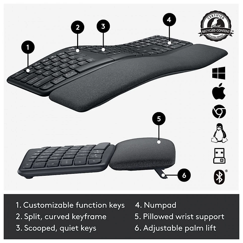 Logitech K860 Teclado Ergonômico Dividido Sem Fio Recarregável Reduz a Tensão das Mãos com Descanso de Pulso, Preto
