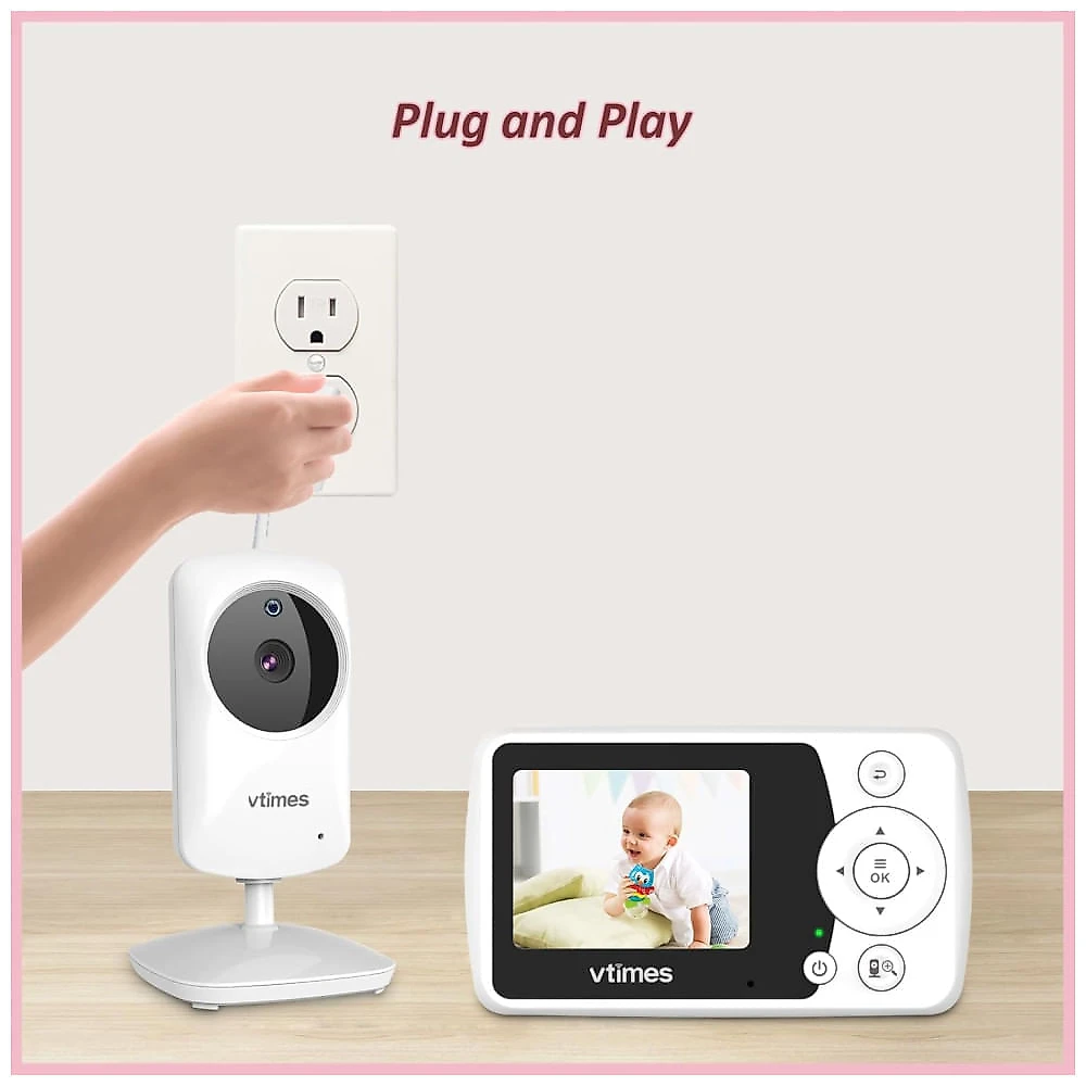 Babá Eletrônica com Câmera e Áudio, Visão Noturna, Tela LCD de 2,4", Sensor de Temperatura, 1000ft - Ideal para Bebês, Idosos e Animais,VTimes