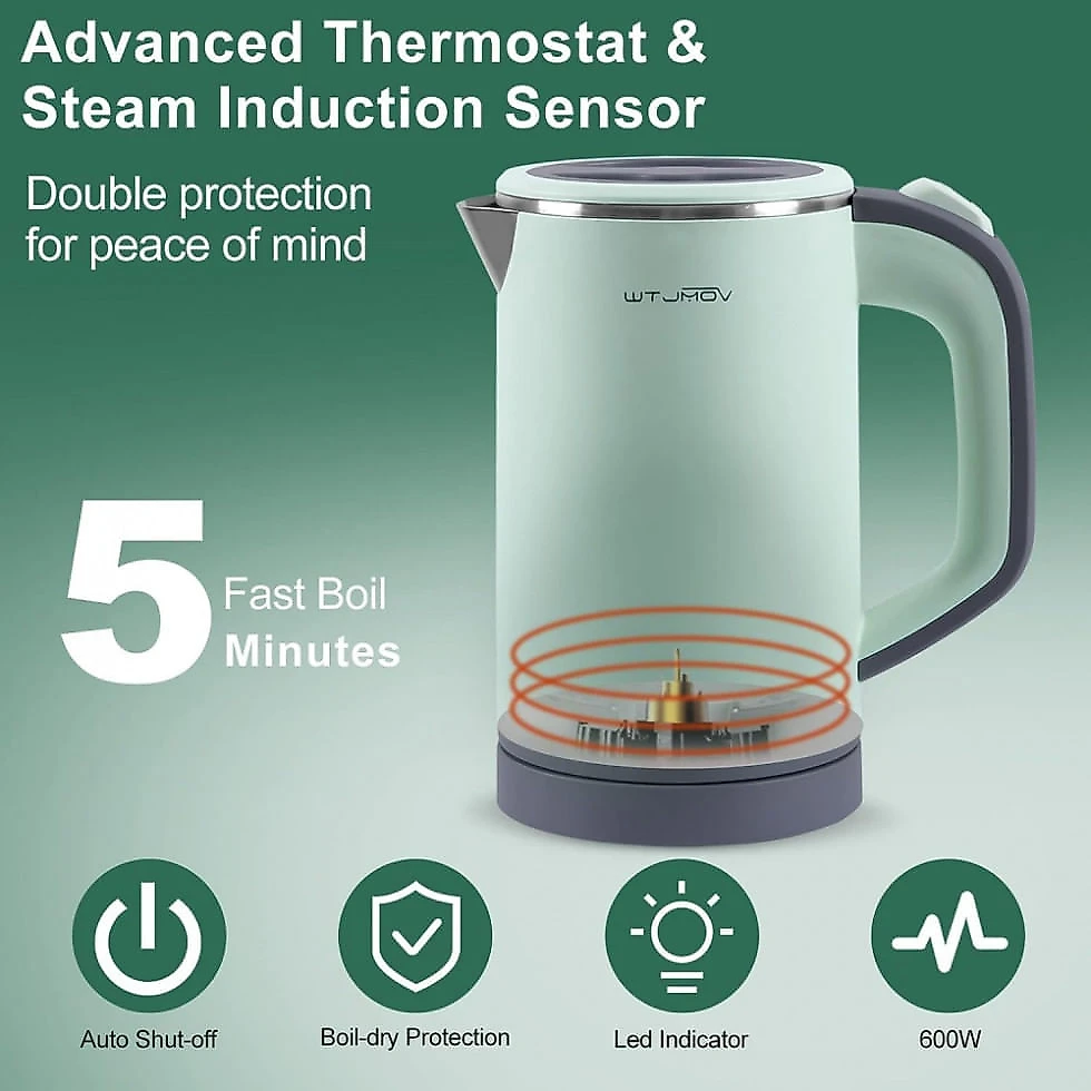 Chaleira Elétrica 0,8L com Desligamento Automático, Aço Inoxidável, 110V 600W, WTJMOV, Verde