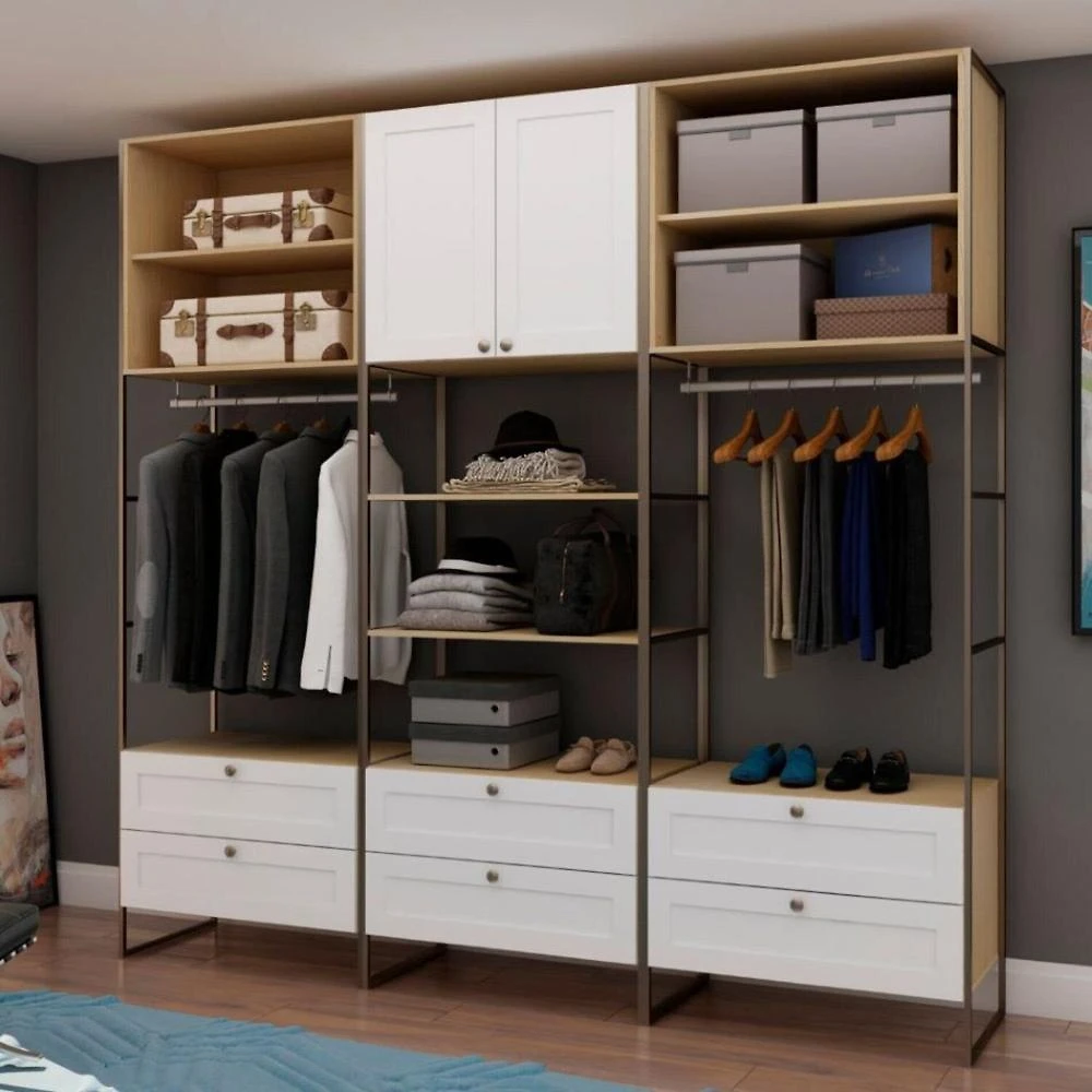 Guarda-roupa Módulo para Closet Casal Mdf com Metalon 3 Módulos 6 Gavetas Infinity Savana/Branco