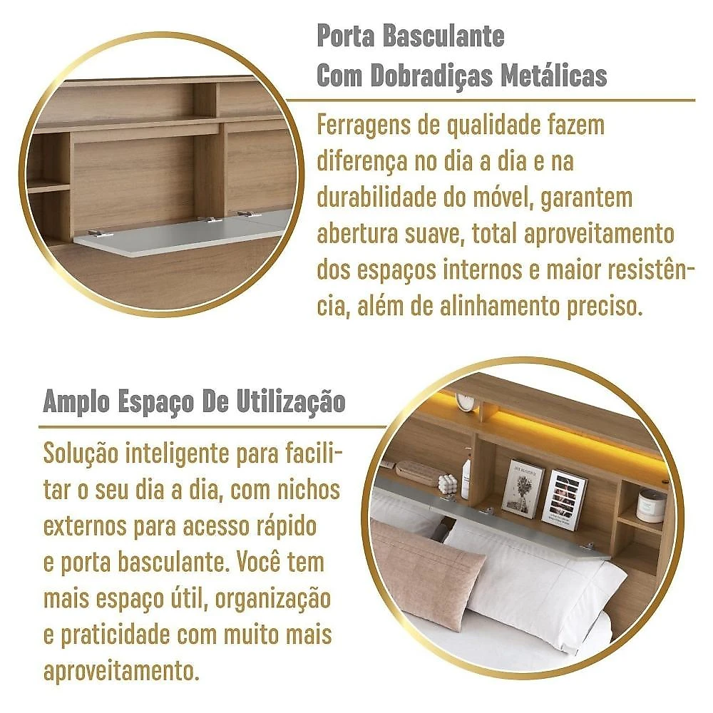 Cama de Casal e Queen Suspensa com Iluminação LED e Organizador na Cabeceira Cancún Mel/Arenas