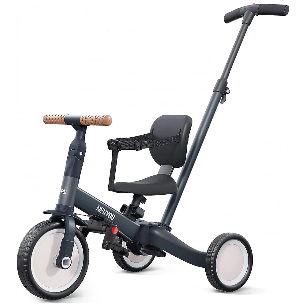Triciclo Infantil 4 em 1 com Alça de Direção dos Pais e Pedais Removíveis para Crianças de 1 a 4 Anos, Newyoo TR007, Cinz...