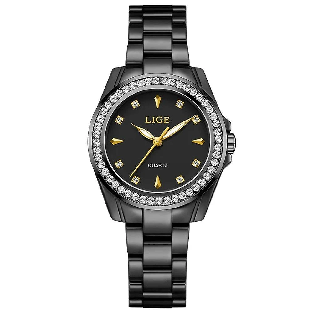 Relógio de Pulso Feminino Vintage Clássico em Cerâmica com Display LED Preto e Dourado Lige