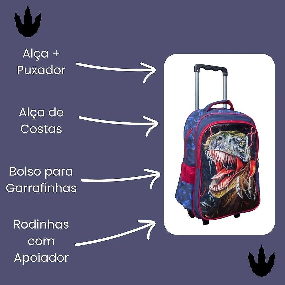 Kit Escolar Trex Para Meninos Mochila + Lancheira + Estojo Reforçada Resistente 17' - Trex Attack Azul Escuro