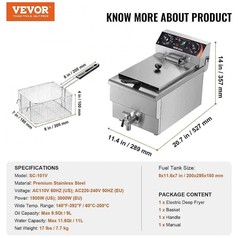 Fritadeira Elétrica Comercial VEVOR SC-101V 11L Inox Timer Controle de Temperatura 110V