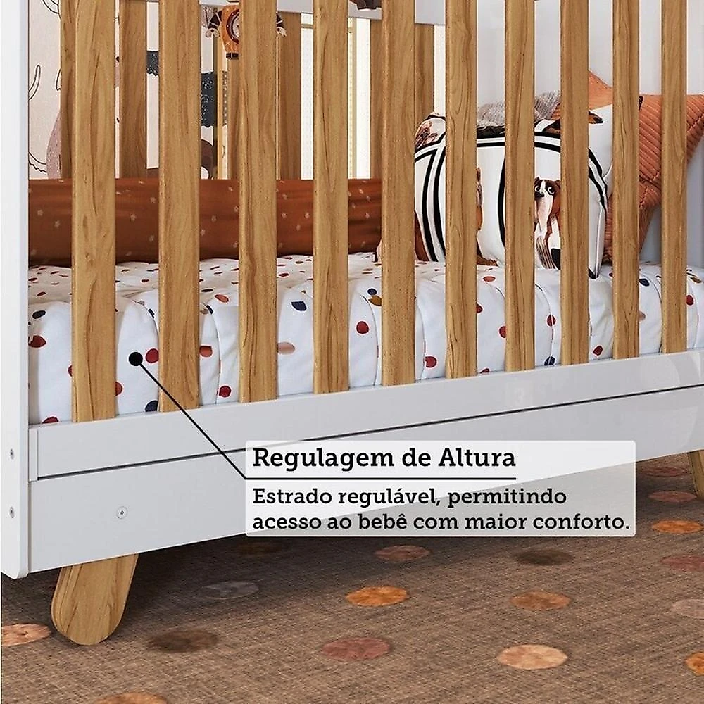 Quarto de Bebê com Cômoda 1 Porta e Berço 4 em 1 Minicama 100% MDF Mike Espresso Móveis Branco Brilho/Amêndoa