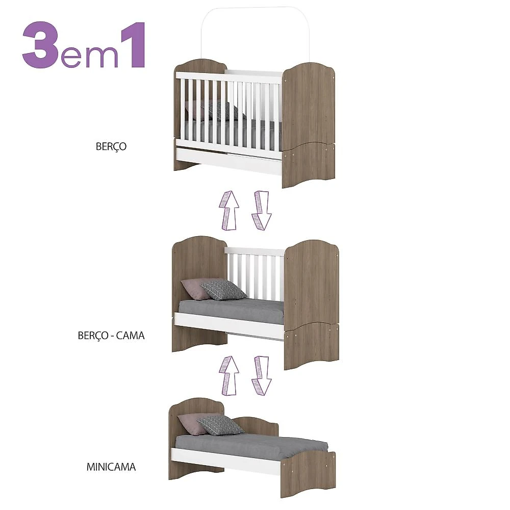 Quarto de Bebê Compacto com Berço e Guarda Roupa Lápis de Cor Espresso Móveis Rústico/Branco