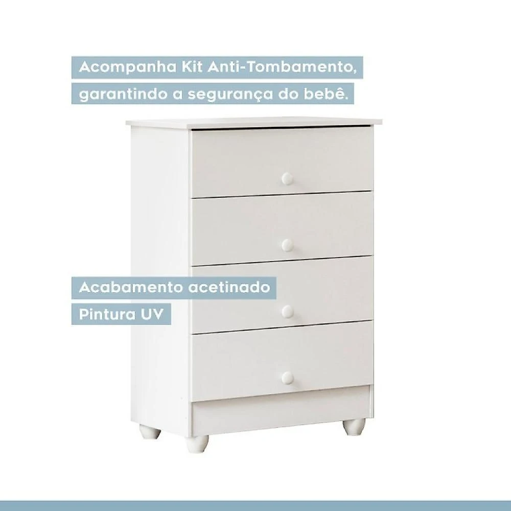 Quarto de Bebê com Berço com Suporte 100% Mdf Life e Cômoda de Bebê 100% Mdf 4 Gavetas Soft Life Branco