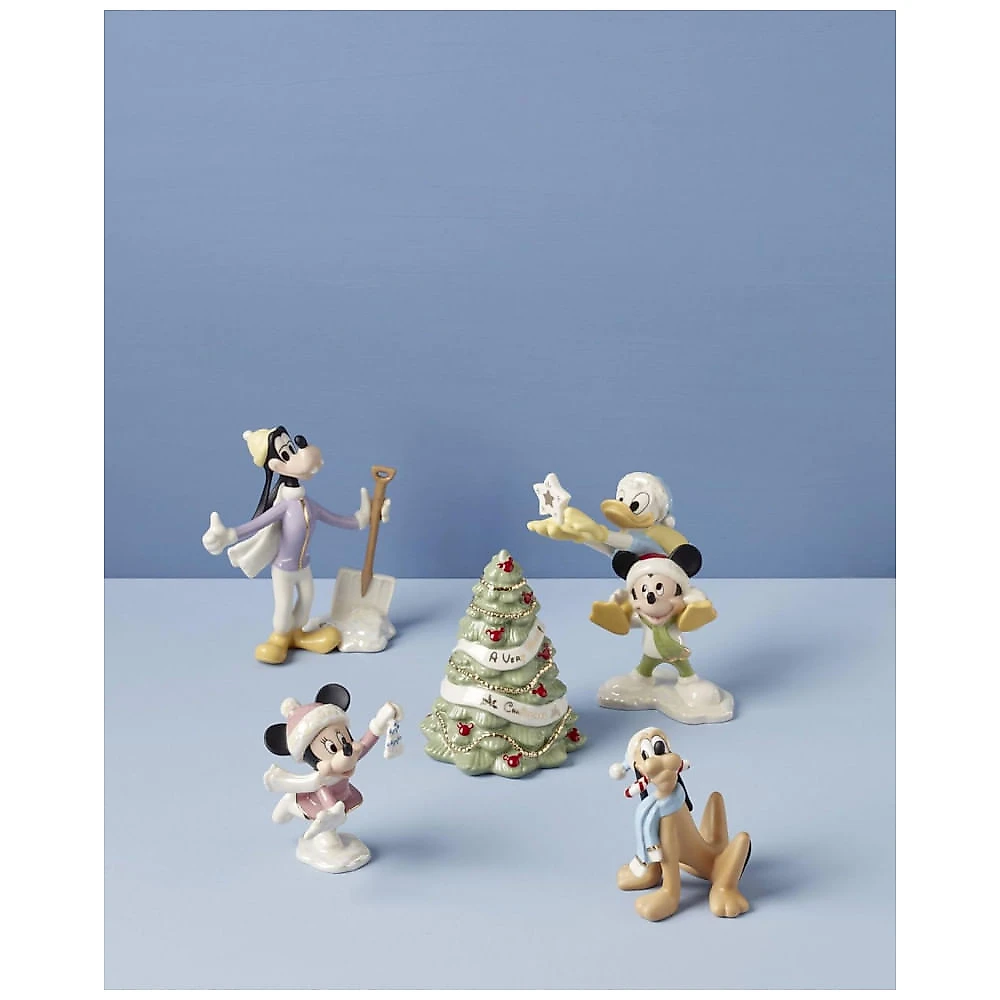 Conjunto de 5 Figuras Decorativas Lenox Disney Winter Fun em Porcelana Bege com Detalhes em Ouro 24K, Altura 12 cm