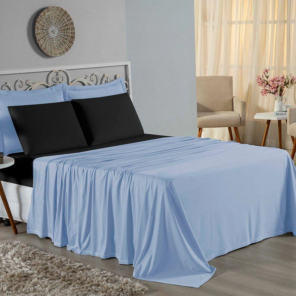 Jogo De Cama Solteiro Nobre 3 Peças Lençol Com Elástico De 30cm De Altura Malha 100% Algodão - Azul-bebê / Preto
