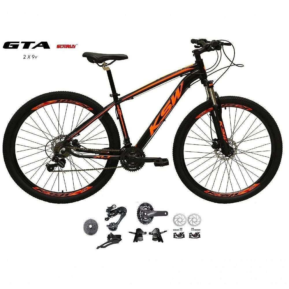 Bicicleta Aro 29 Ksw Xlt Kit 2x9 Gta Sunrun Freio Disco K7 11/36 Pedivela 24/38d Garfo Com Trava - Preto/laranja Tam.19