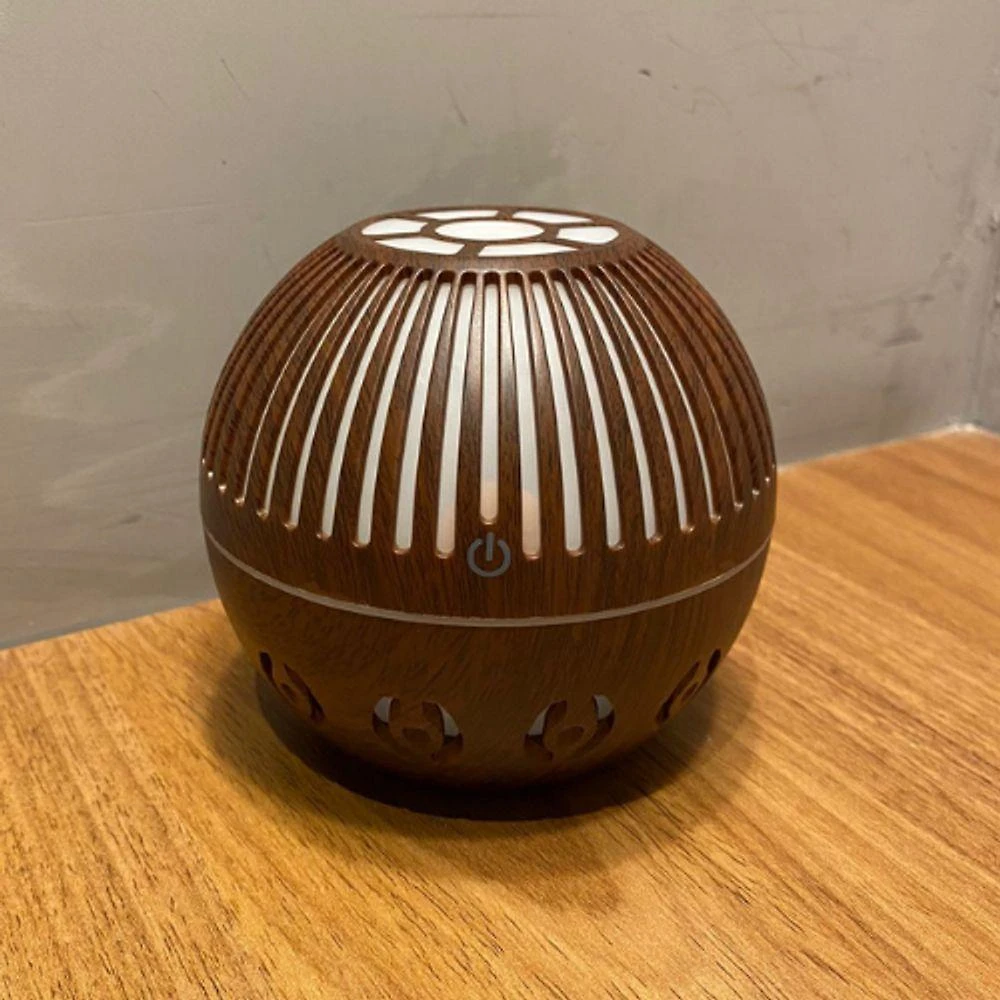 Umidificador Difusor De Aroma Ultrassonico Luz De Led Bola Rajada Mogno