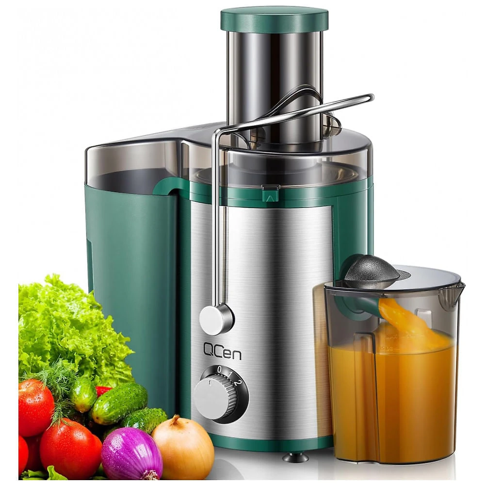 Extrator de Suco Centrífugo Qcen, 800W com Boca de Alimentação Larga para Frutas e Vegetais, Fácil de Limpar - Aço Inoxidável Verde 800W