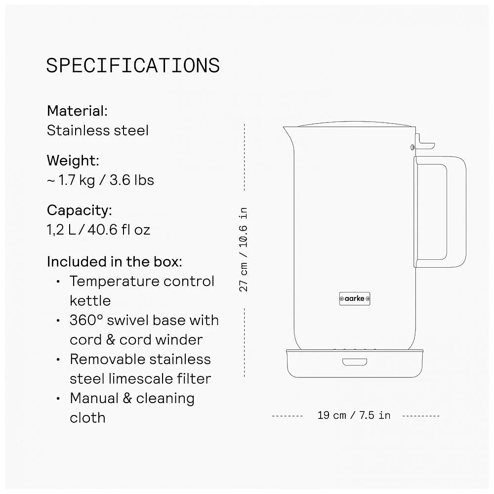 Chaleira elétrica Aarke preta inox 1,2L com Controle de Temperatura, Design Premium e parede dupla 110V