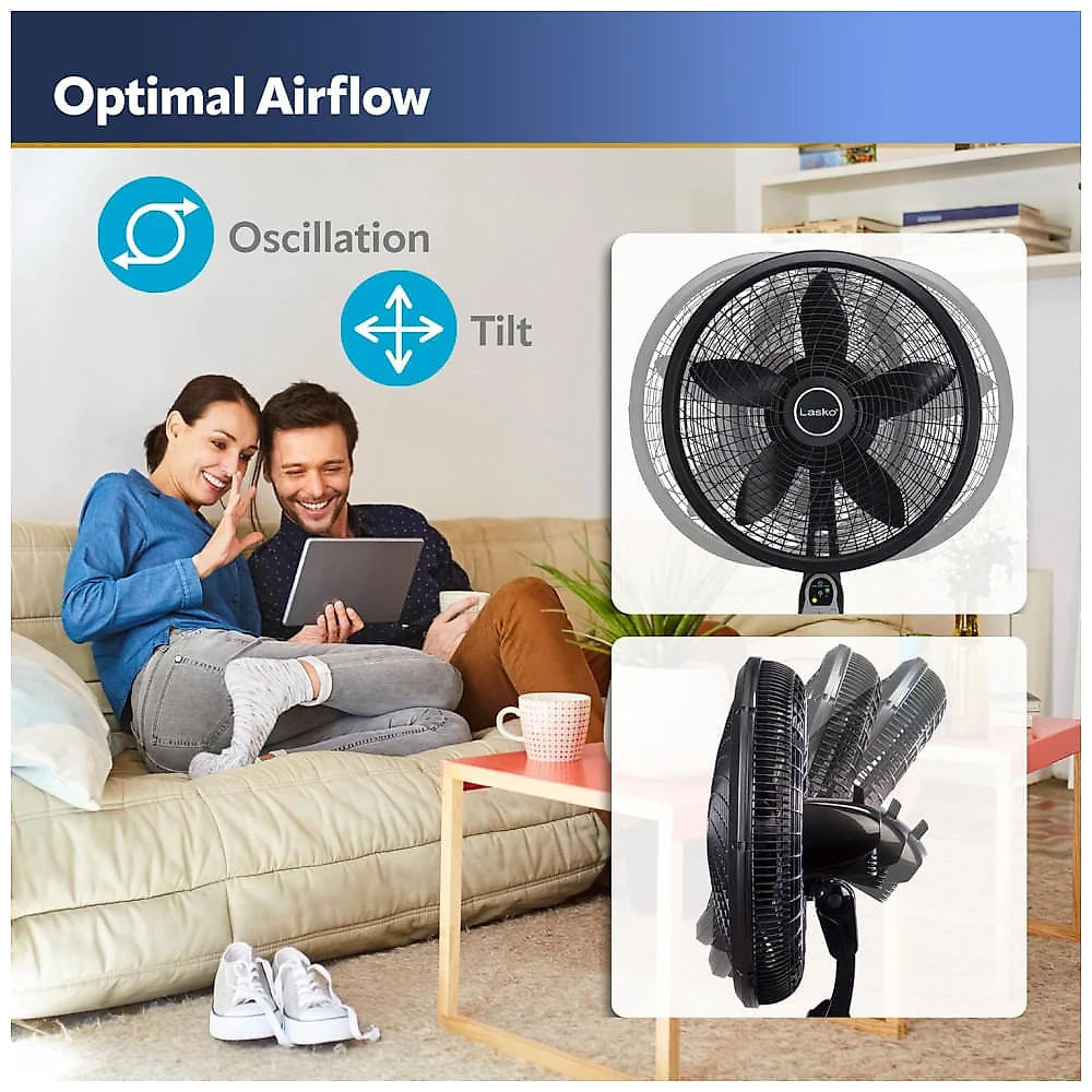 Ventilador Pedestal Oscilante com Altura Ajustável, Controle Remoto, Temporizador e 3 Velocidades, 110V 60W, Lasko, Preto 110v