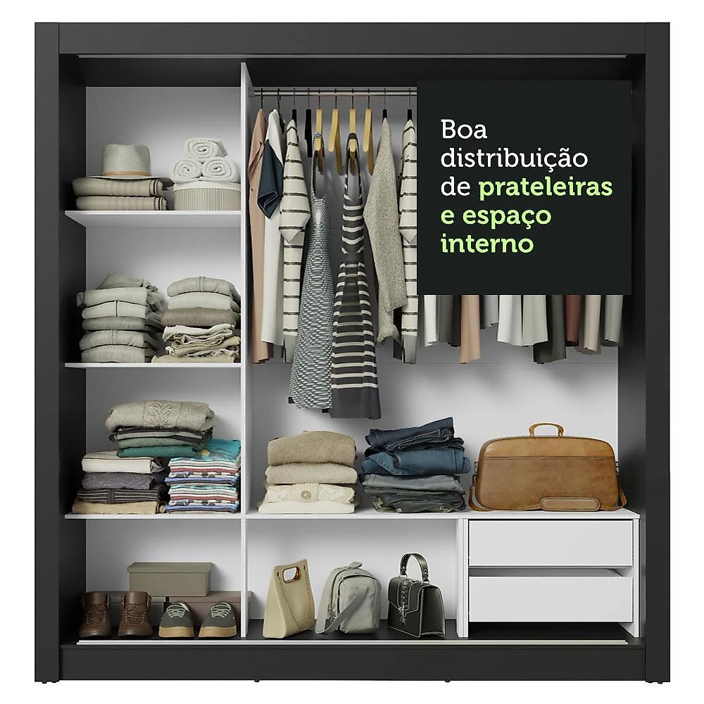 Guarda-roupa casal 3 portas de correr com espelho 2 gavetas sublime madesa preto