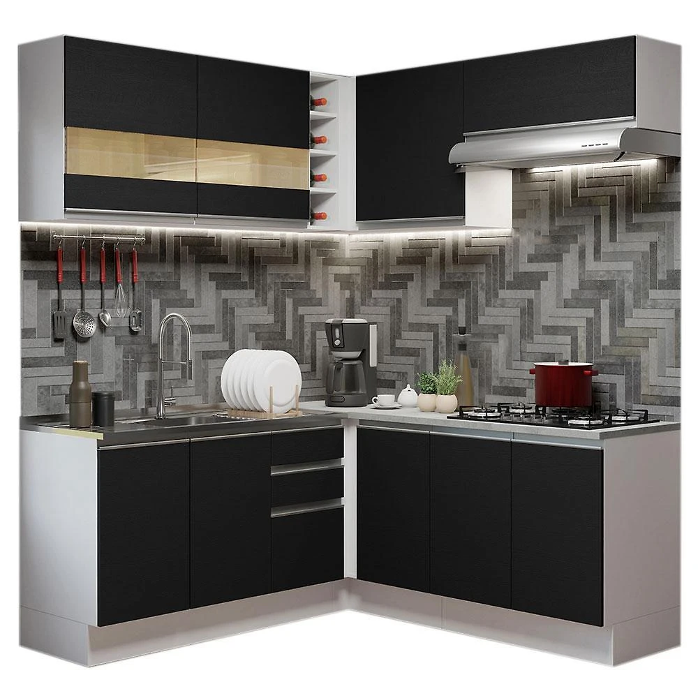 Cozinha completa de canto madesa glamy 349001 com armário e balcão (sem tampo e pia) - branco/preto