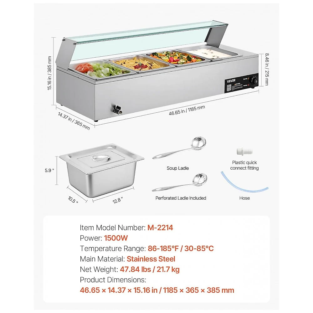 Aquecedor de Alimentos Buffet VEVOR M-2214 Inox 4 Cubas Banho-Maria Tampa de Vidro 1500W 110V