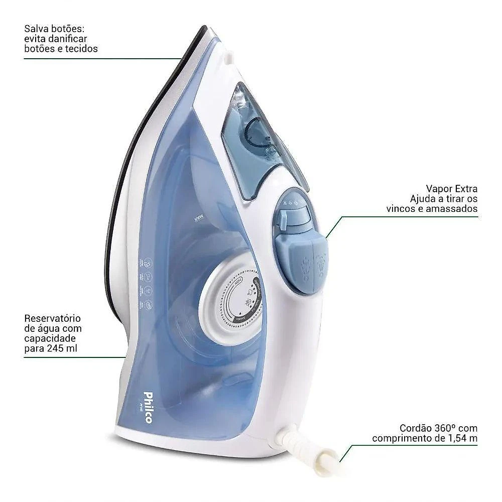 Ferro a Vapor Philco PFV40 Base Antiaderente Branco com Jato Extra e Vapor Vertical 220V