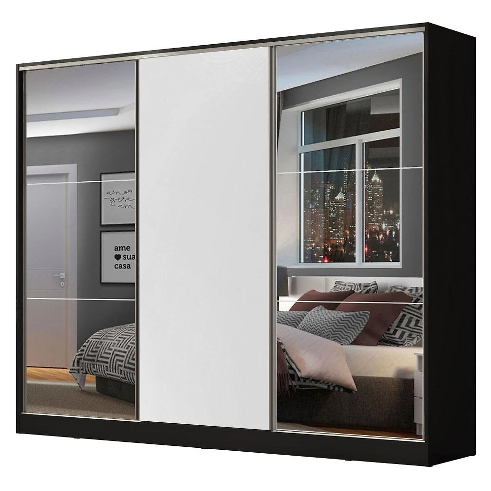Guarda roupa casal 100% mdf madesa zurique 3 portas de correr com espelhos - preto/branco
