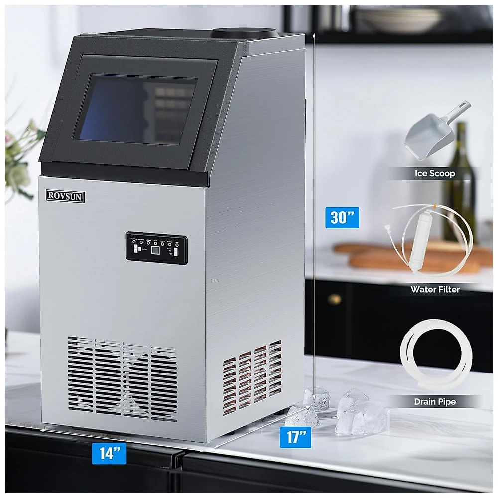 Máquina de Gelo Comercial ROVSUN 110 lbs Inox Auto Limpeza LCD 110V