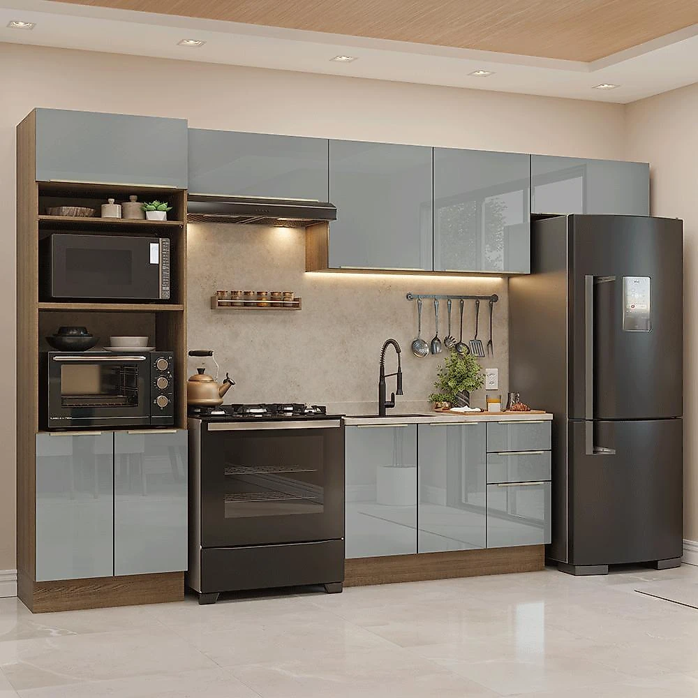 Armário de cozinha completa 350 cm rustic/cinza lux madesa 01