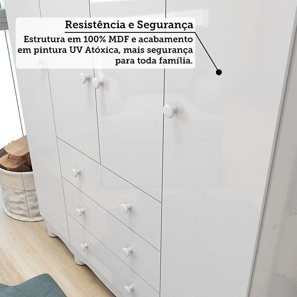 Quarto de Bebê com Guarda-roupa 4 Portas e Berço Minicama 100% Mdf Nina Espresso Móveis Branco Brilho