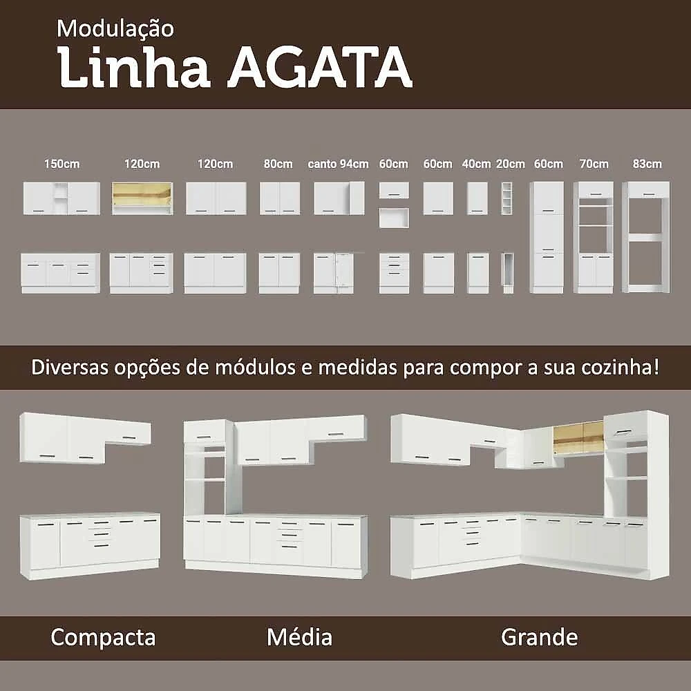 Balcão de pia cozinha 150 cm 2 portas e 2 gavetas (com tampo) branco agata madesa