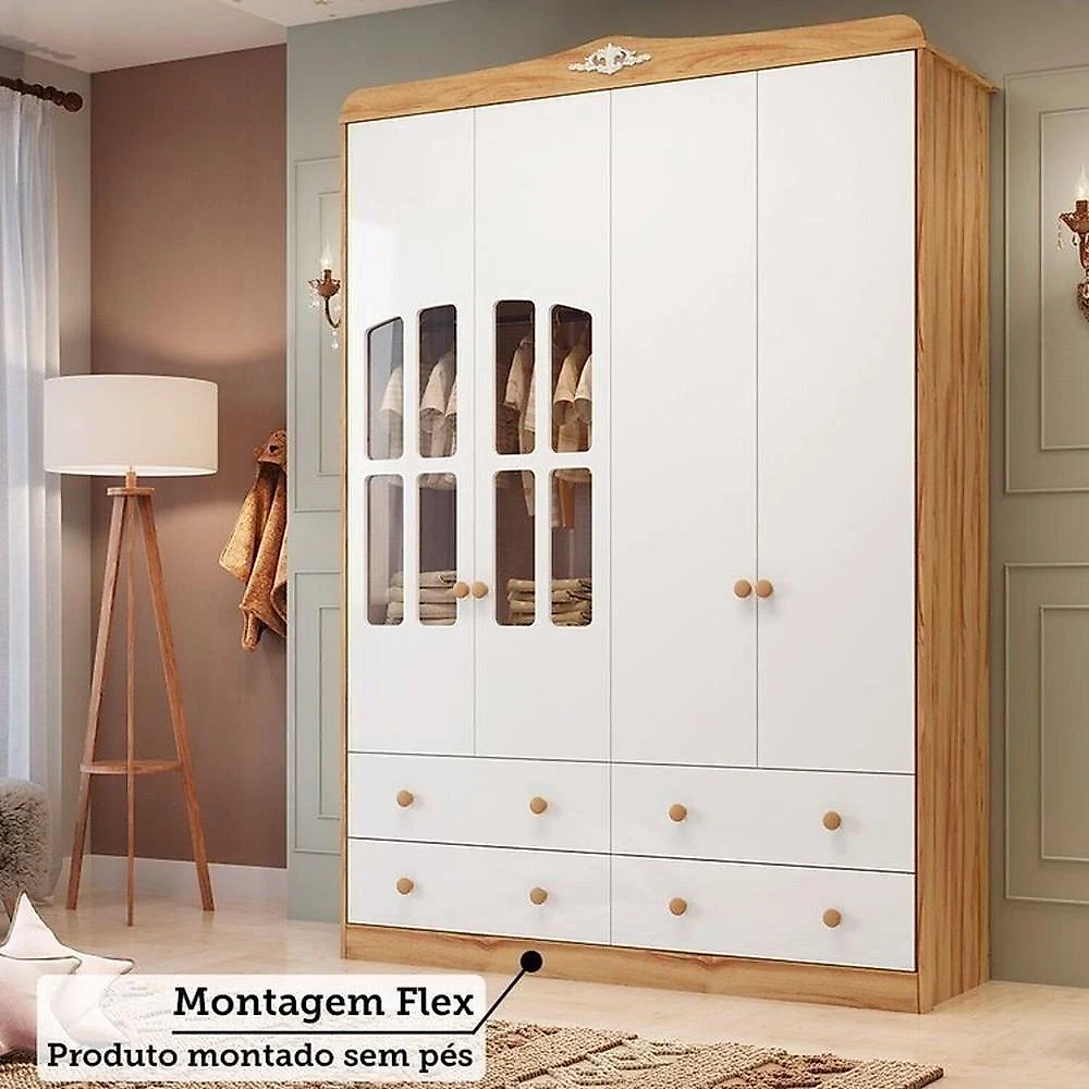 Quarto de Bebê Berço Minicama Guarda-roupa e Cômoda Janeladas 100% Mdf Maya Clássico Espresso Móveis Amêndoa/Branco Brilho