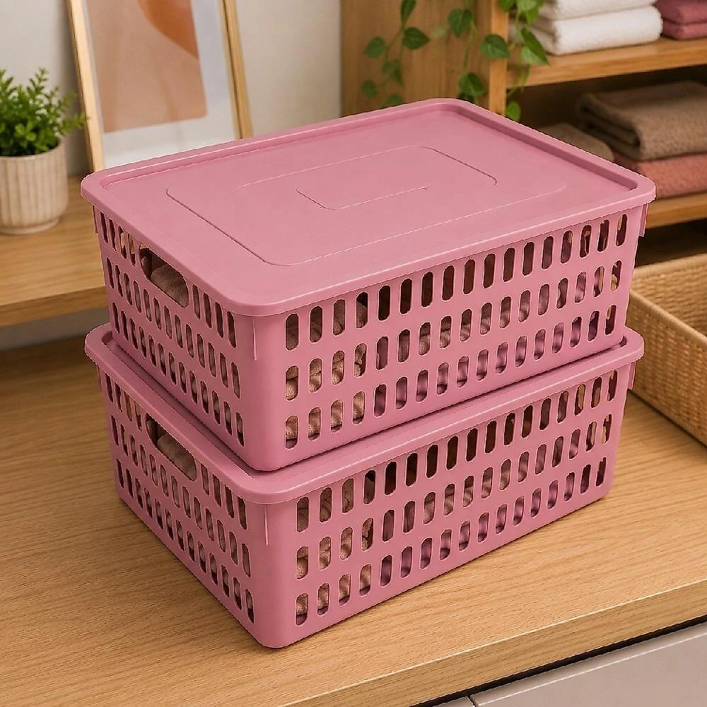 Kit 2 Caixas Organizadoras Grandes com Tampa Organizador Box Multiuso Polipropileno Rosa Yeet 10,8L