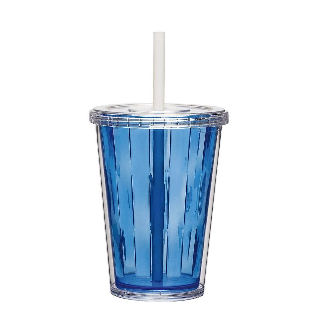 Jogo De Copos 02 Casal Duplo Multiuso 670ml Com Tampa Canudo Cor:azul