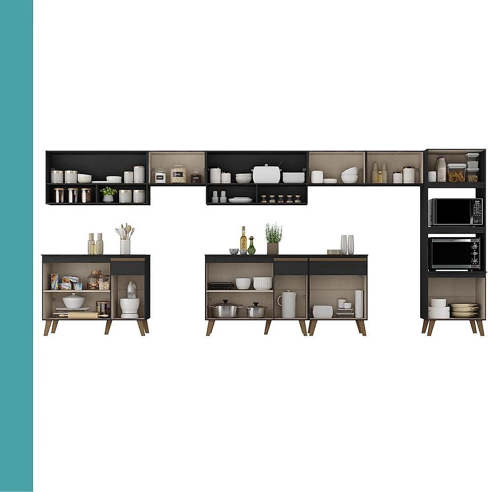 Cozinha Completa Atlanta Mile 18 Portas 3 Gavetas MDP 450CM Preto Touch Carraro