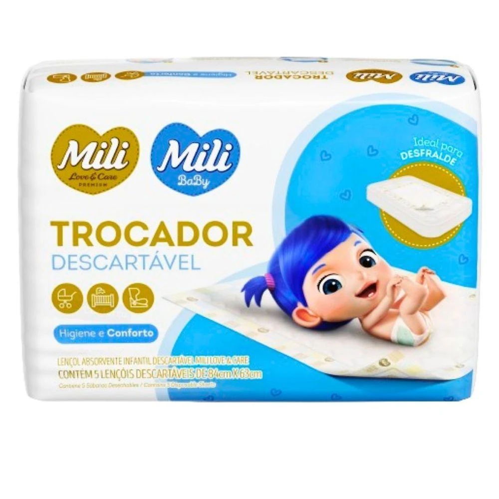 Trocador Descartavel Love & Care para Bebe Lençol Absorvente Pacote com 5 Unidades Mili