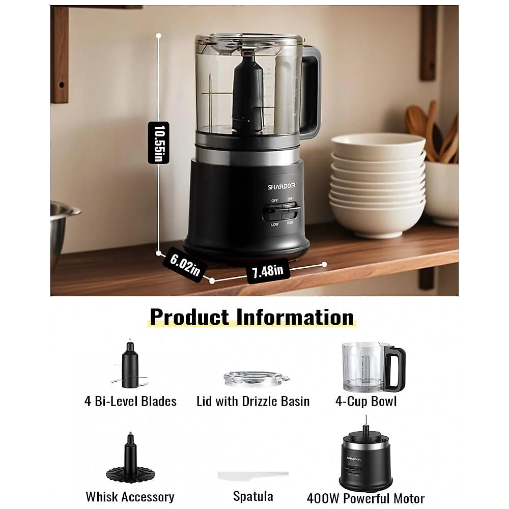 Mini processador de alimentos SHARDOR preto 4 xícaras, 400W, 2 velocidades, 4 lâminas inox e batedor, 110V