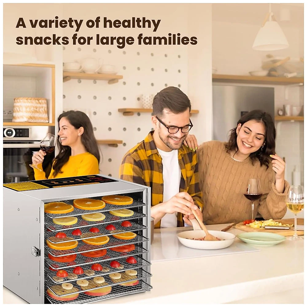 Desidratador de Alimentos FAHKNS, 8 Bandejas de Aço Inoxidável, Controle de Temperatura 88°C, Temporizador 24H, 700W 110v