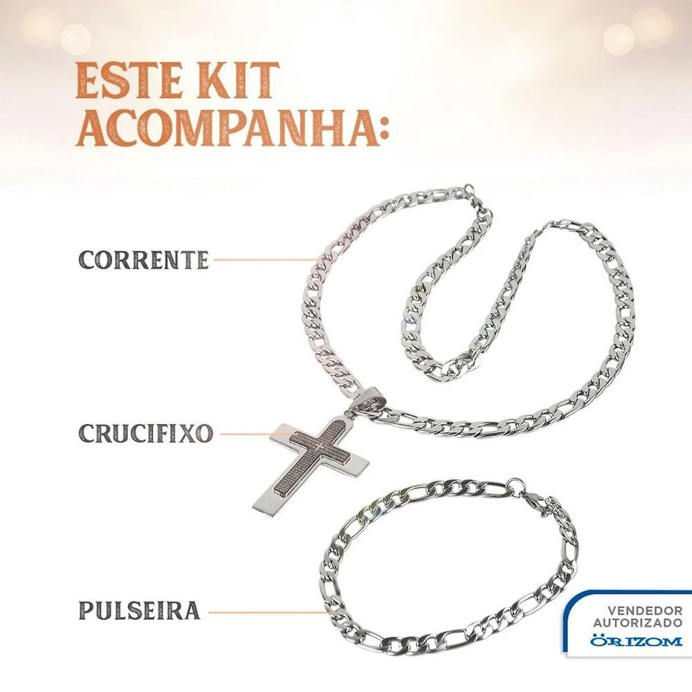 Kit Cordão com Pingente e Pulseira Orizom Aço Inox Prata Pai Nosso Crucifixo Masculino