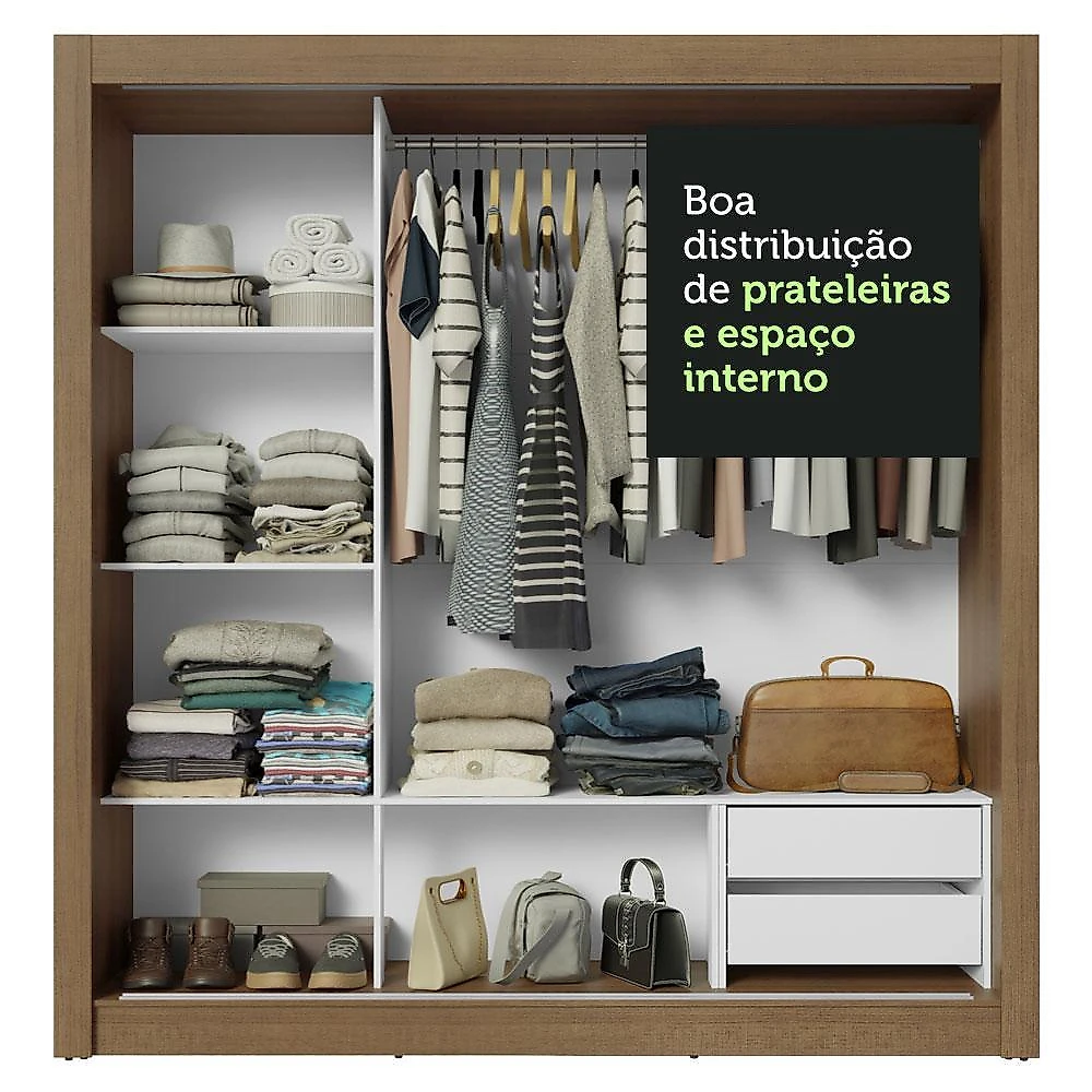 Guarda-roupa casal 3 portas de correr com espelhos 2 gavetas rustic/branco sublime madesa